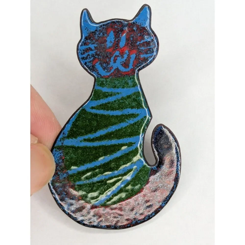 Vintage Metal Cat Brooch Pin Artsy Whimsical Green Blue Red Cute Unique